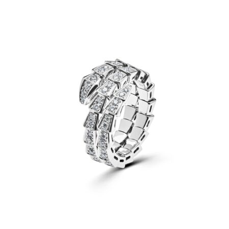 BVLGARI Serpenti Viper Thin Two-Coil Ring White Gold Full Pavé Diamond Set 357259