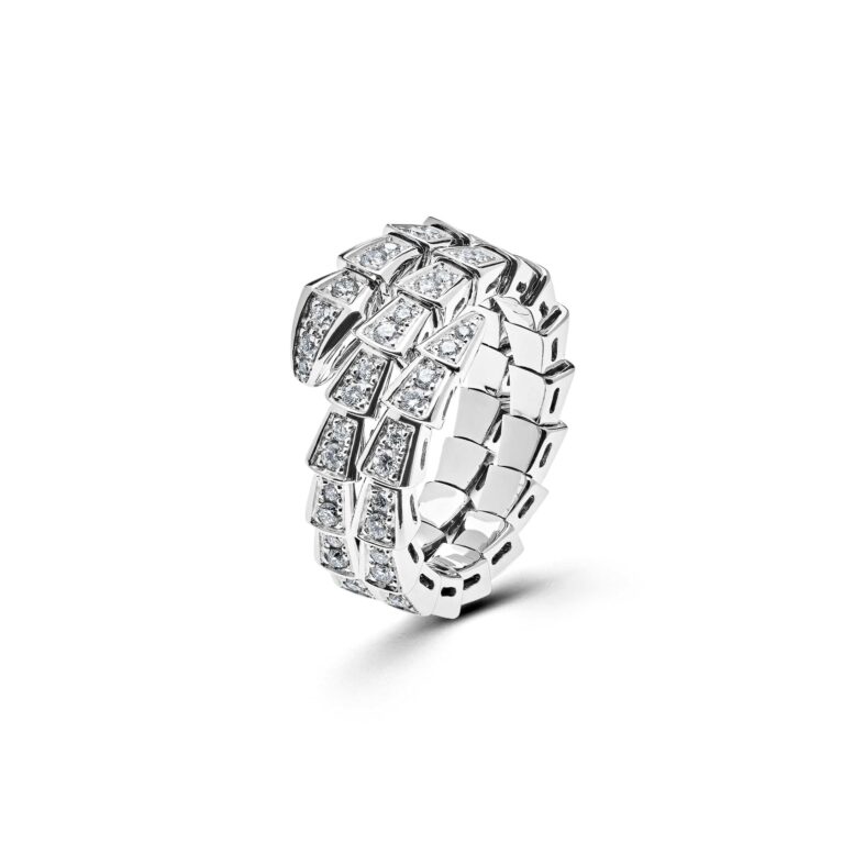 BVLGARI Serpenti Viper Thin Two-Coil Ring White Gold Full Pavé Diamond Set 357259