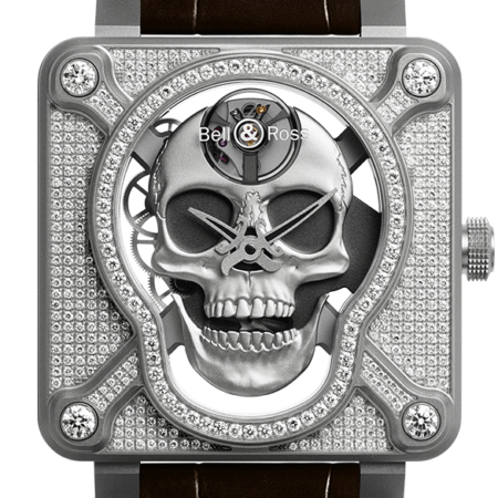 Bell & Ross Instruments BR 01 Laughing Skull Full Stainless Steel & Diamond Mens Watch