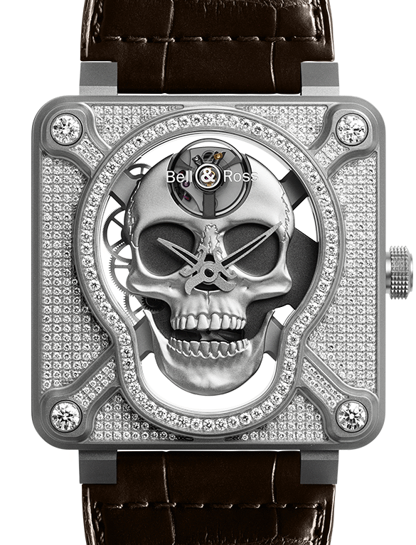 Bell & Ross Instruments BR 01 Laughing Skull Full Stainless Steel & Diamond Mens Watch